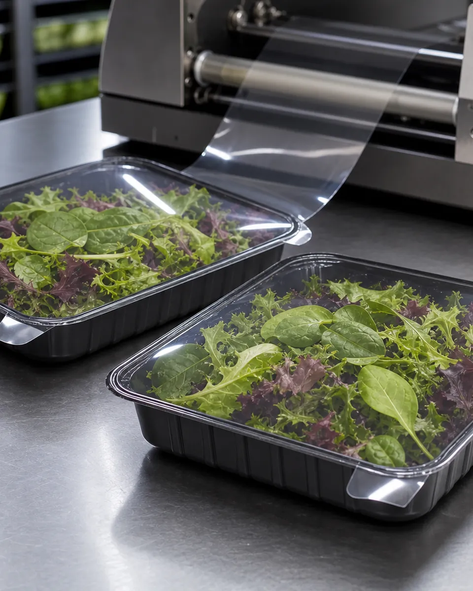 Flexible anti-fog film heat-sealed over mesclun trays beside a transparent film web