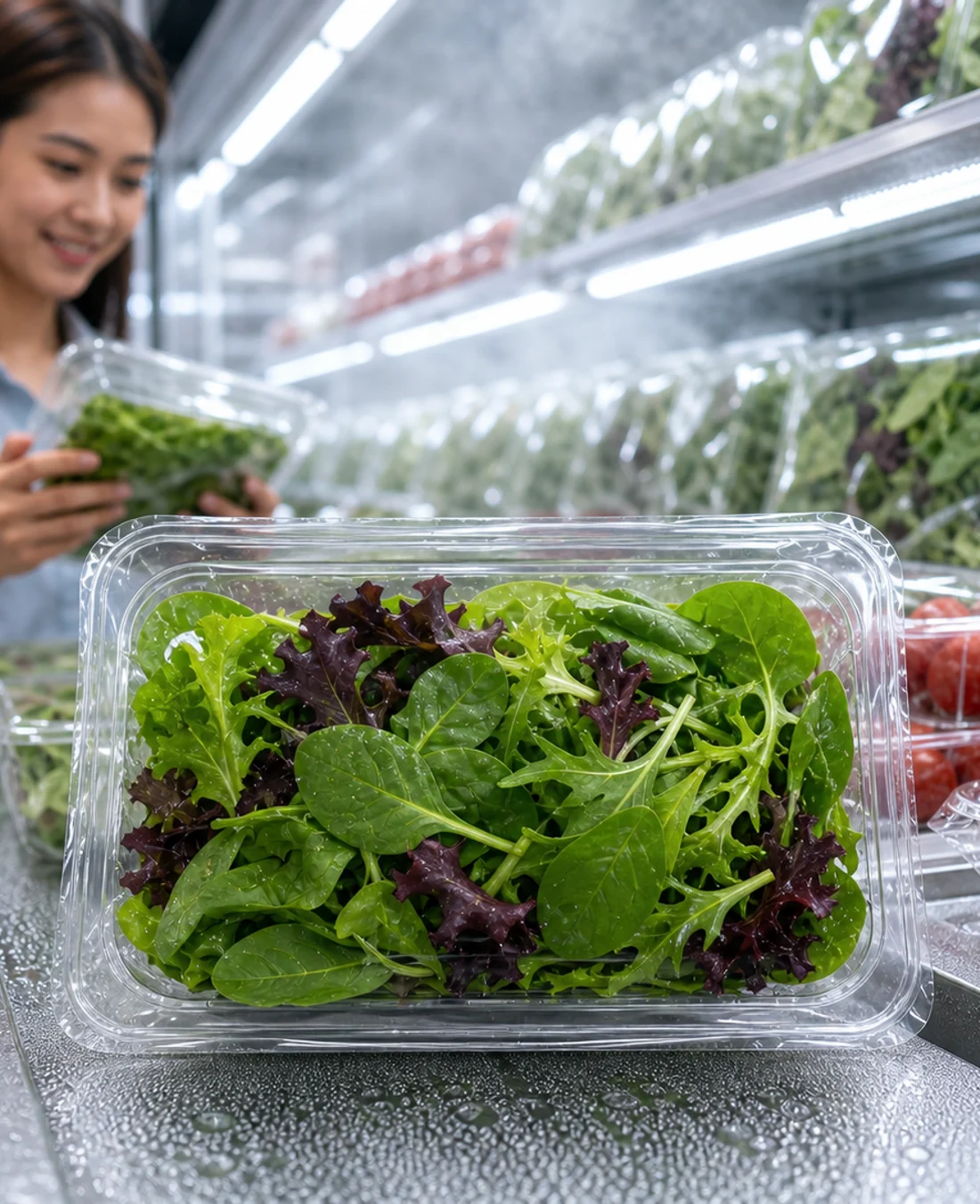 Mesclun in clear anti-fog packaging in a refrigerated retail display