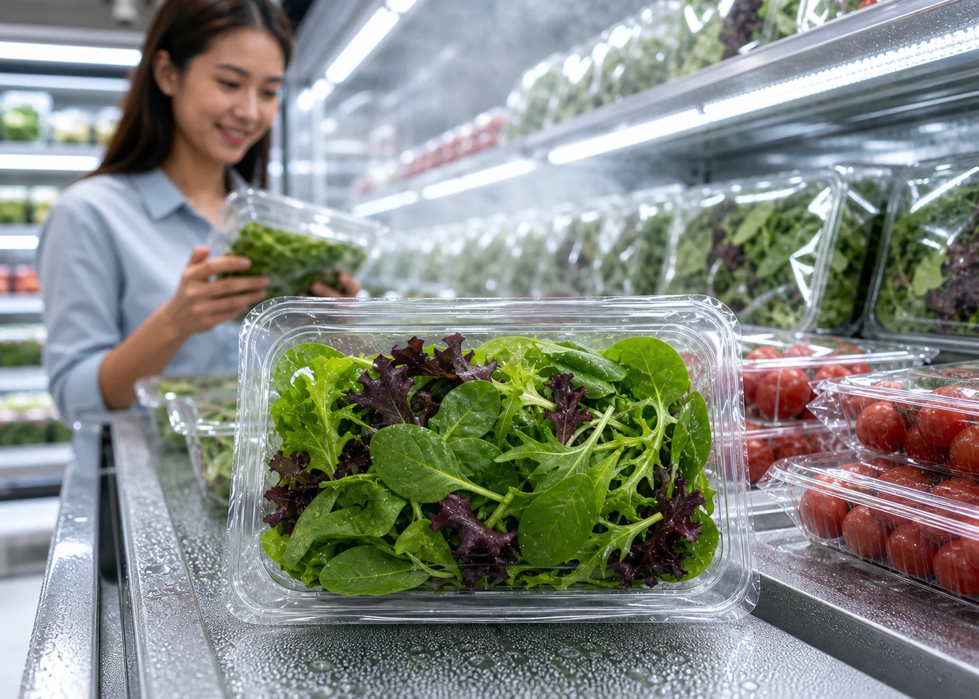 Chilled produce displayed in clear packaging for a film visibility discussion
