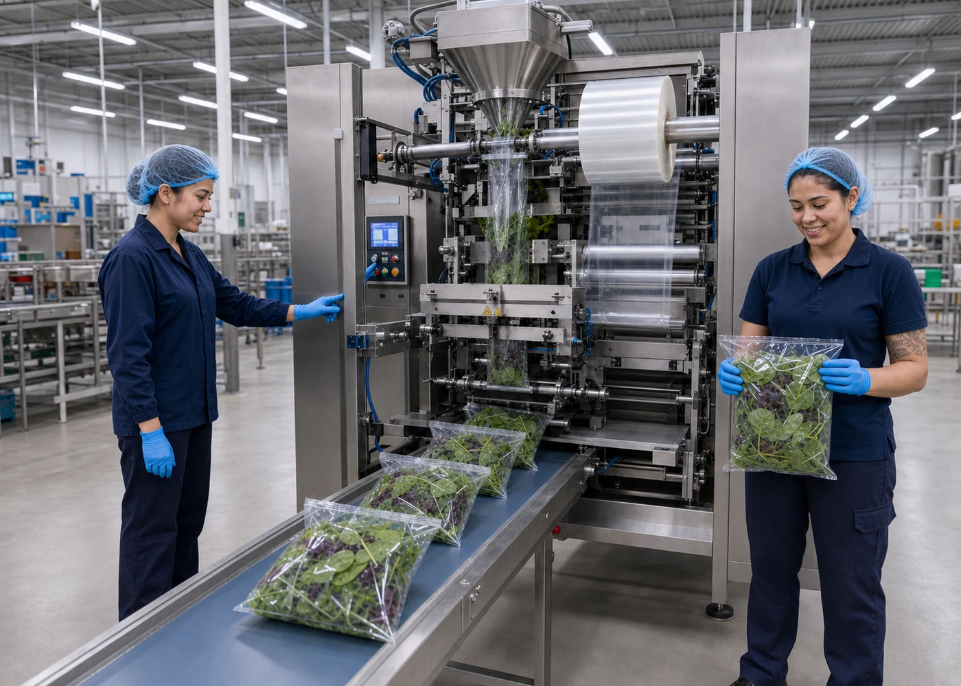 Commercial vertical form fill seal line packing leafy greens in clear produce bags