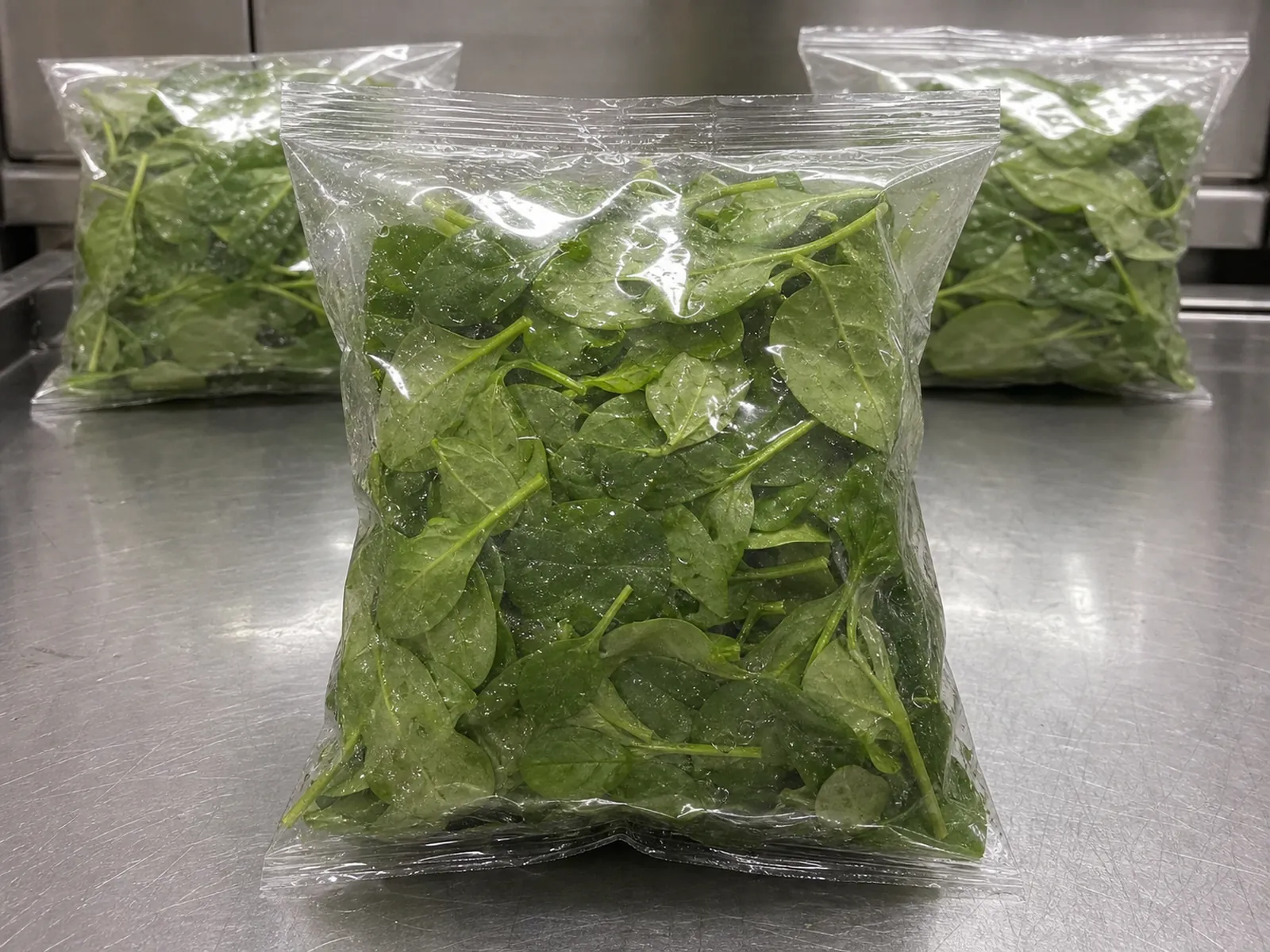 Unbranded clear produce bags filled with leafy greens on a commercial stainless packing line