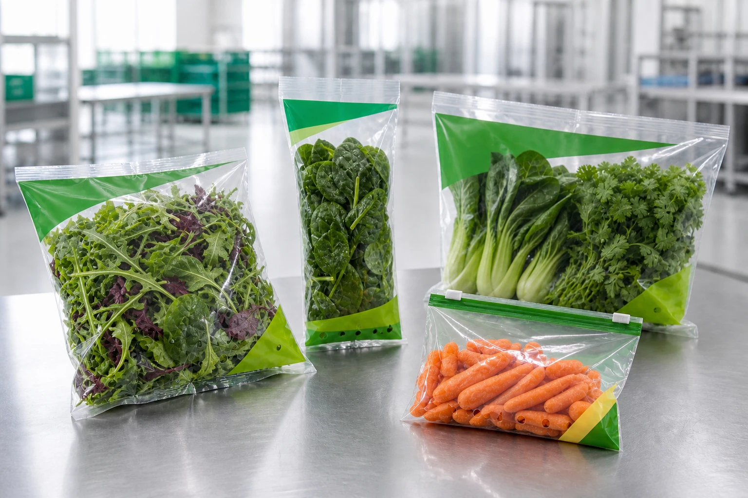 High-clarity anti-fog CPP zipper bags displaying mesclun, spinach, Asian greens, herbs and baby carrots