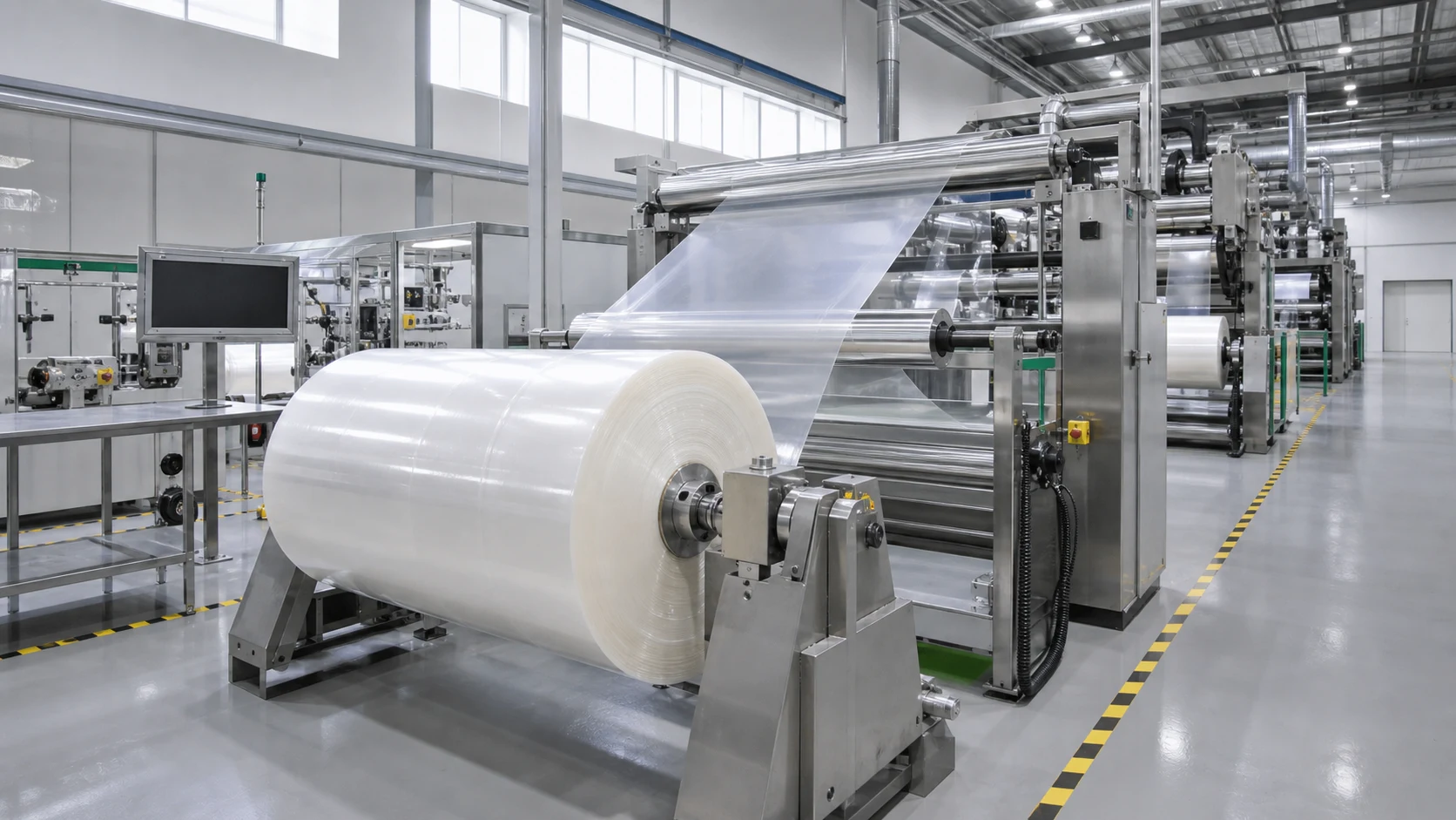 Modern automated flexible packaging film production line with a clear film roll and stainless-steel rollers