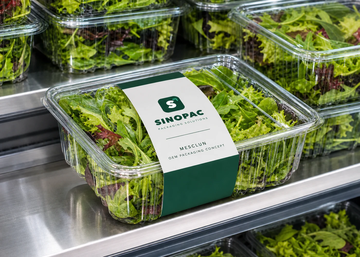 Mesclun in a clear PET tray with a SINOPAC OEM branding concept