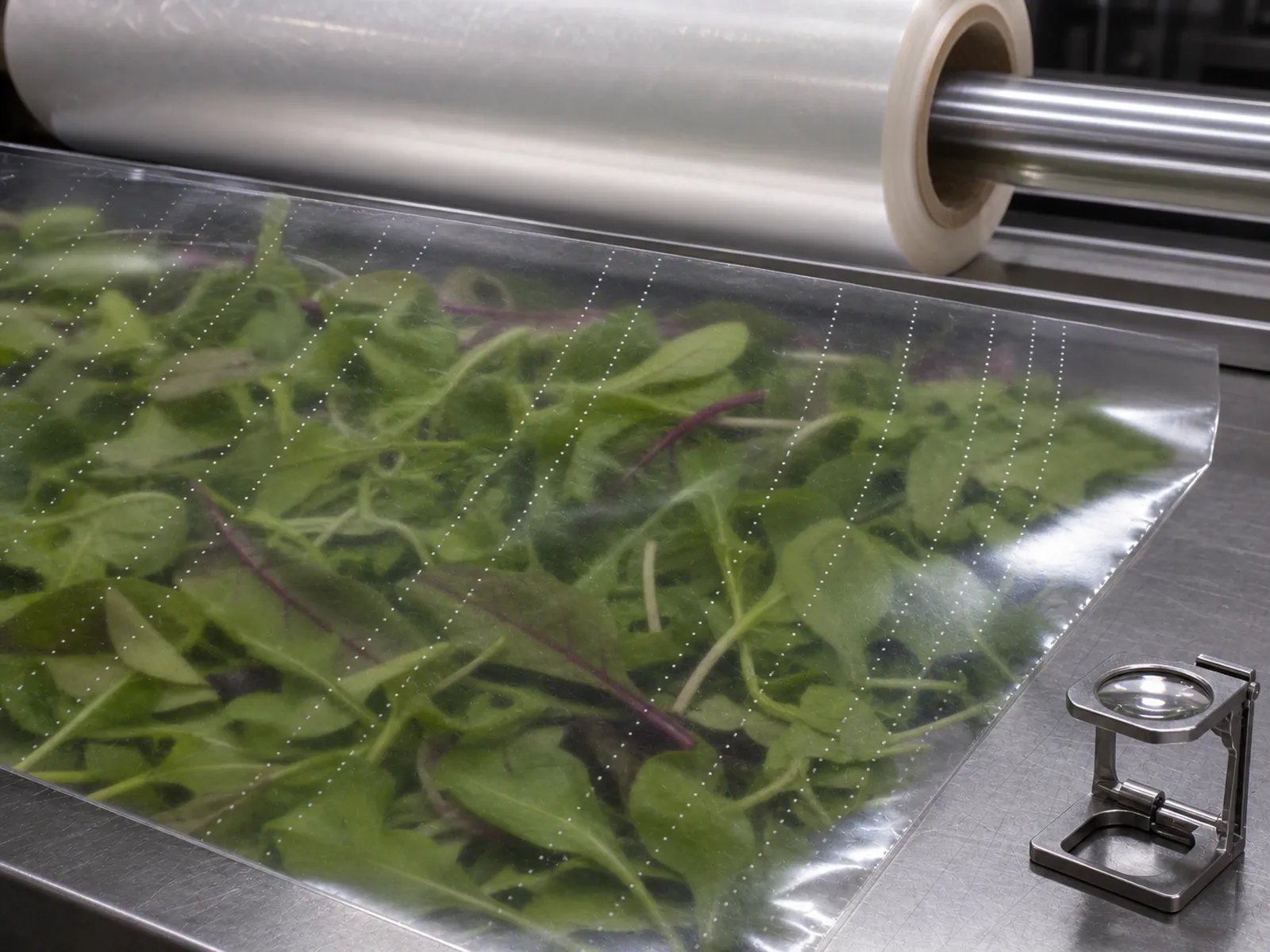 Backlit micro-perforated produce film showing precise pinhole rows over fresh mesclun