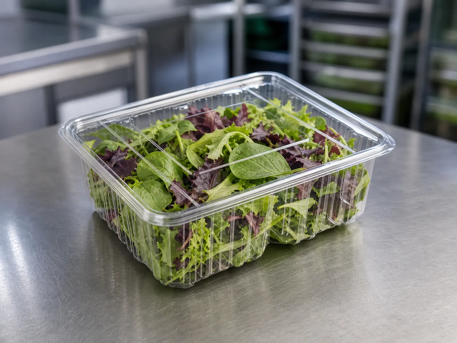 Fresh mesclun in a clear lidded PET produce tray on a stainless packing bench