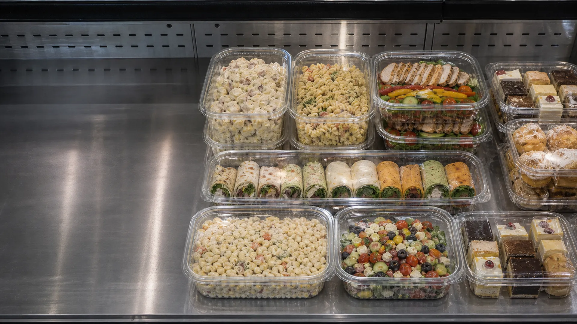 Unbranded clear packaging for deli salads, meat and produce trays, wraps, cakes and pastries