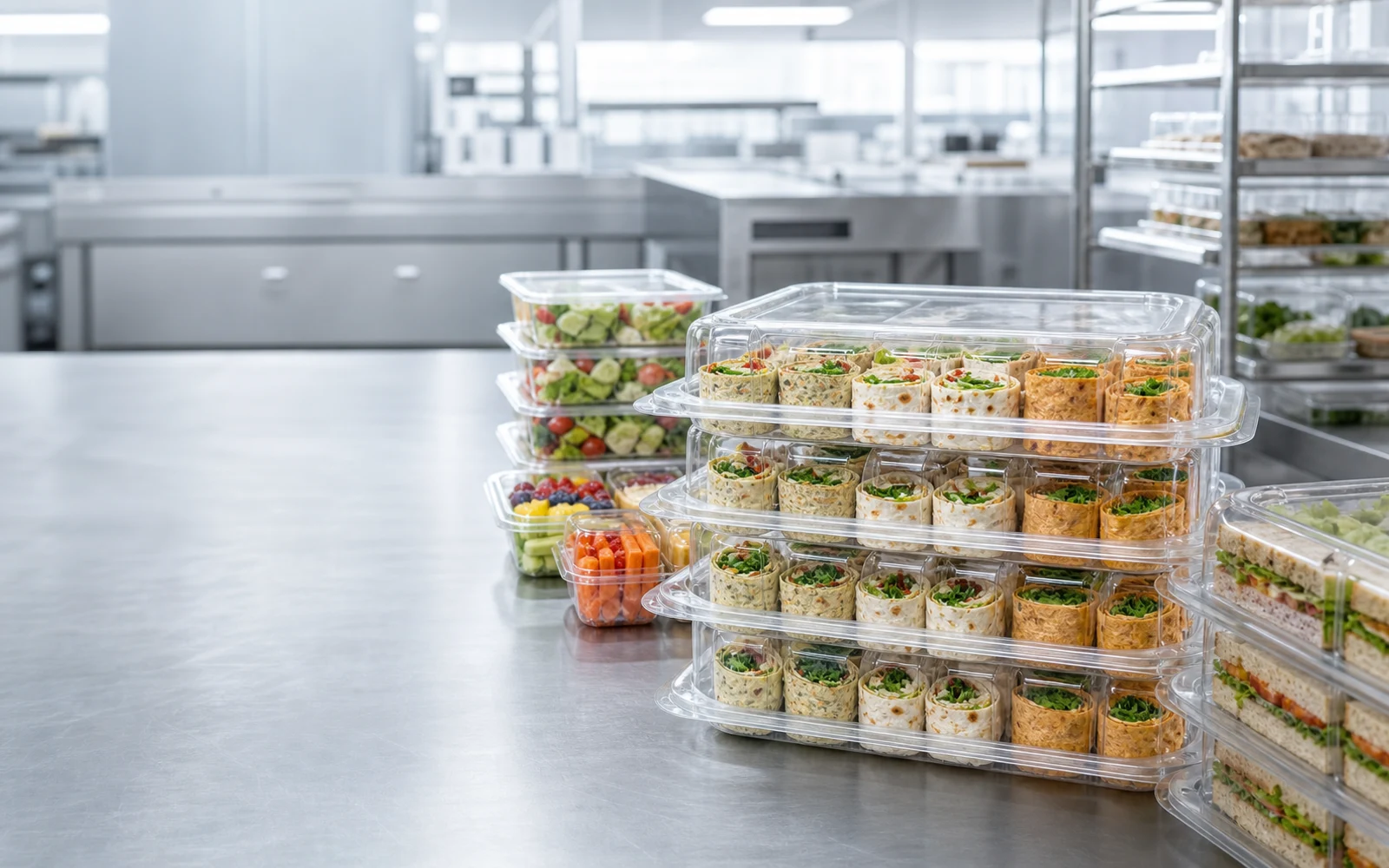 Prepared foods arranged in clear unbranded PET packaging